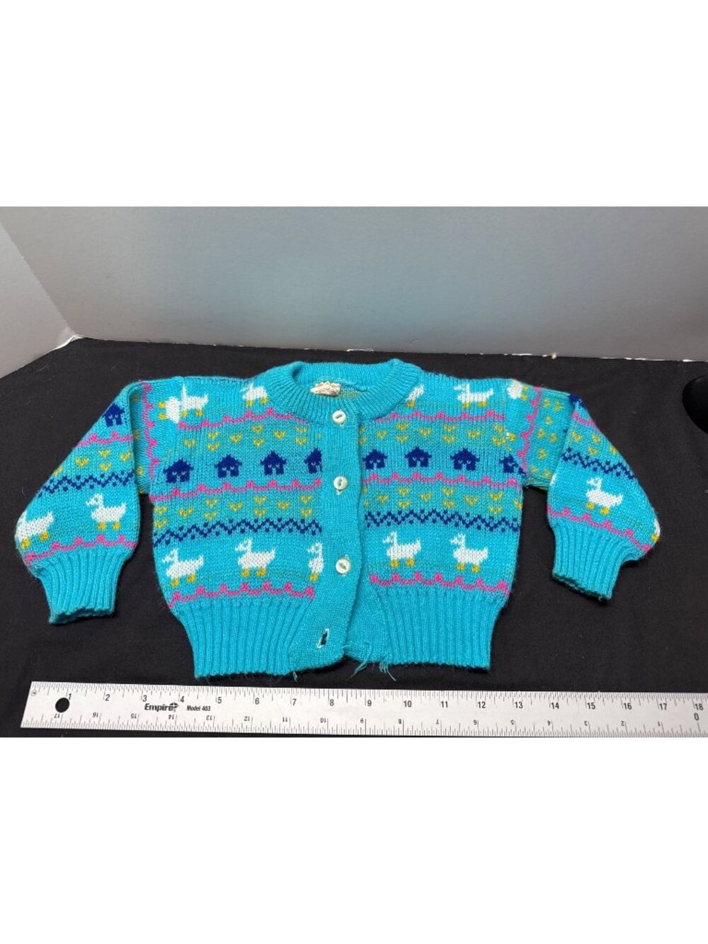 Vintage Baby Cardigan Sweater 12-18 Months Turquoise Animal Knit Button-Up Portu